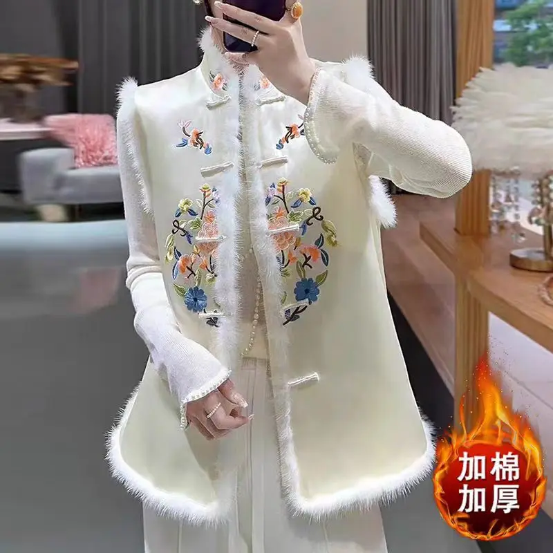 2024 new chinese style women white embroidered cotton vest suit autumn winter fashion jacket woman tangsuits vest tangsuit coat