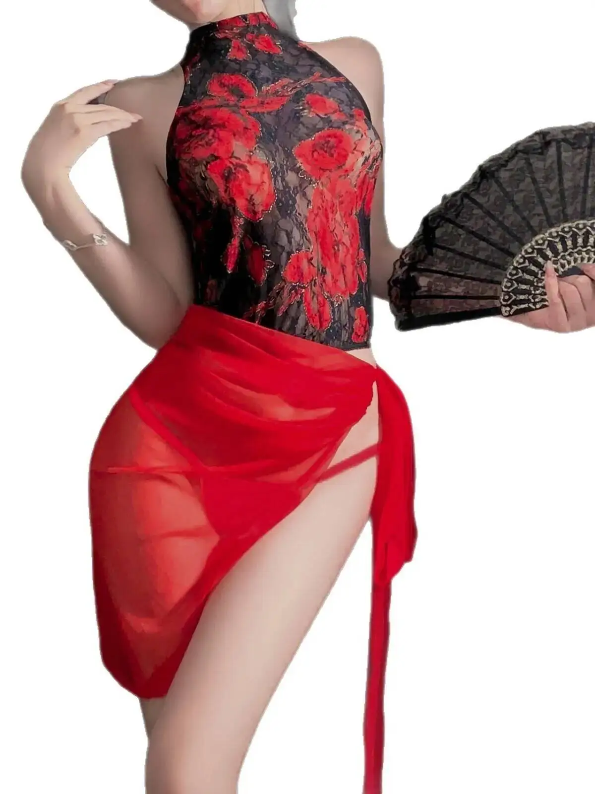 Sexy Pure Desire Kant Holle Slim Fit Rode Transparante Bloem Borduren Off-the-shoulder Jurk Charmant Hollow Out jurk PA1B