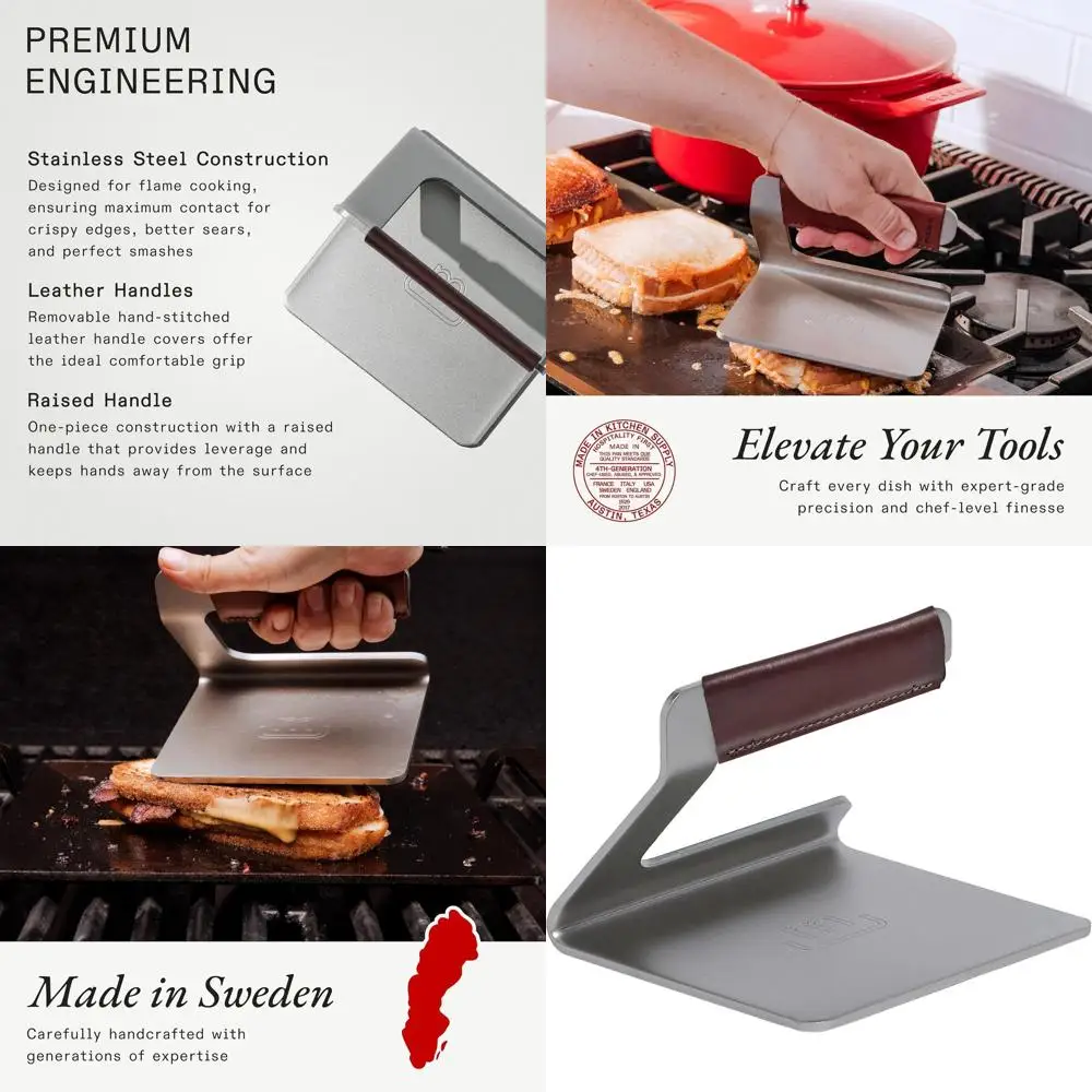 

Swedish-Made Stainless Steel Grill Press with Detachable Leather Handle
