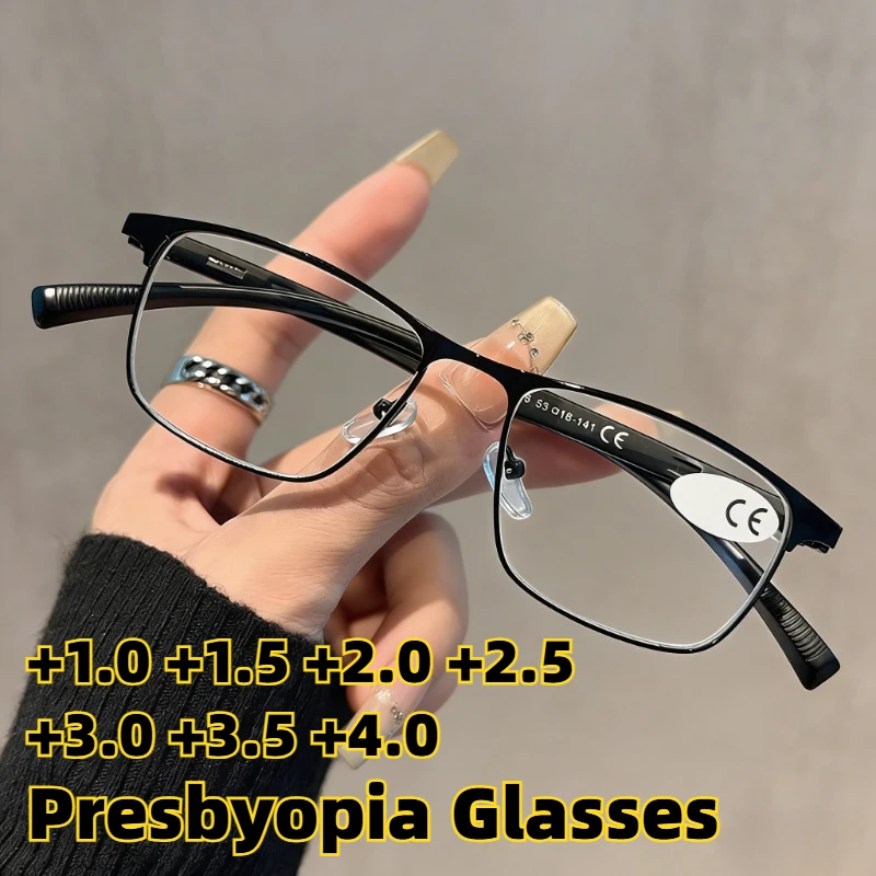 Neue klassische Anti-Blaulicht-Presbyopie-Brille mit quadratischem Rahmen, Unisex, ultraleichte Lesebrille aus Metall, federbelastete Bügel