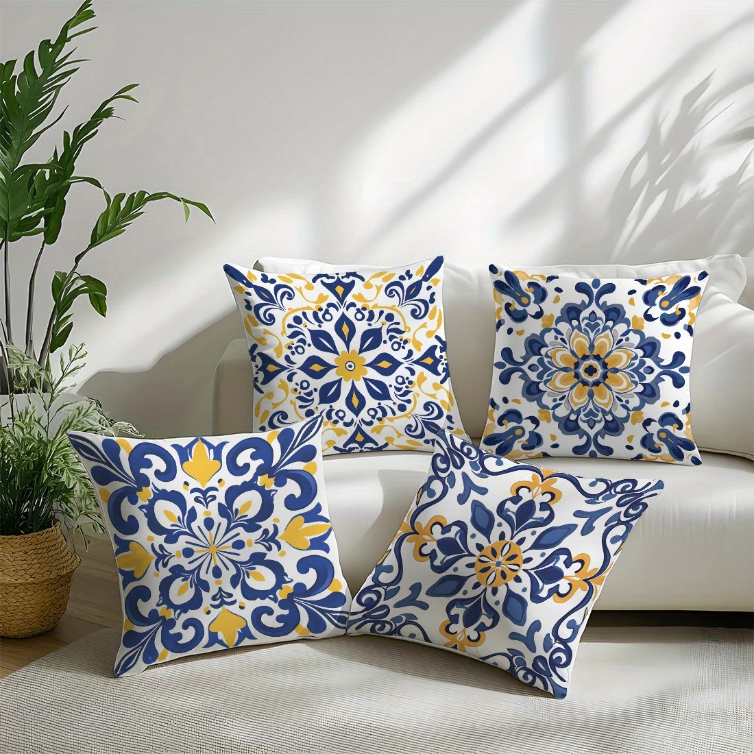 2D Flat - Juego  4 fundas  almohada con estampado 2D plano en azul, ver y amarillo con un diseño  azulejos bohemios ital