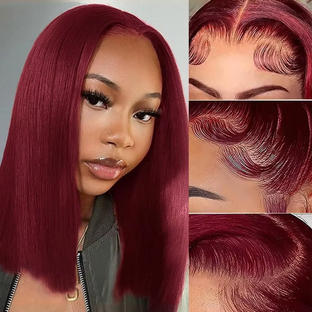 Parrucca corta stile bob, colore 99J bordeaux, con rete frontale in pizzo 13x4, pizzo trasparente, parrucca liscia, con ciuffetti preapplicati, non si sfalda, non si aggroviglia, per donne, lunghezza
