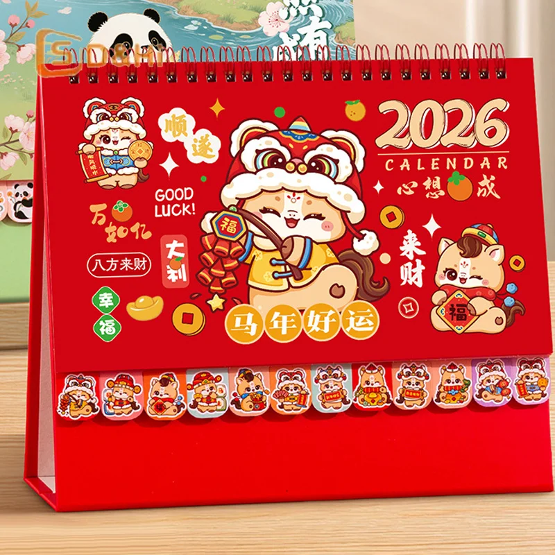 

Chinese Style 2026 Horse Panda Pattern Desk Calendar Coil Binding Horse Year Calendar Cartoon Month Date Display Monthly Planner