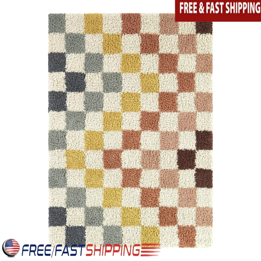 

Клетчатый коврик для помещений, устойчивый к пятнам ворсом, экологически чистый, мягкий, не линяющий, прочный, разноцветный, 4x5,5 футов