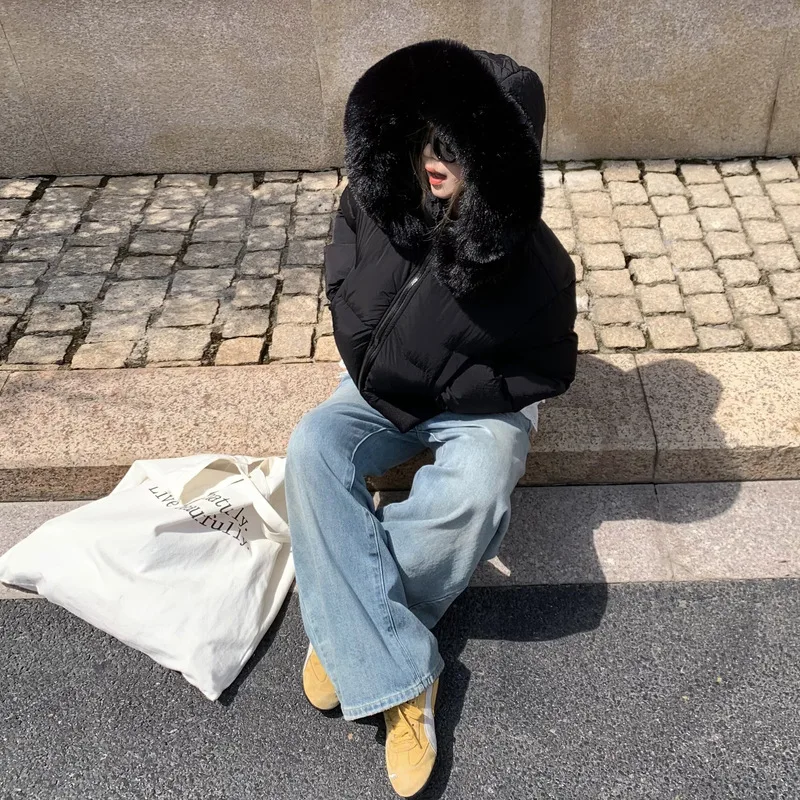 Women Solid Hooded Padded Puffer Jacket Zipper Faux Fur Collar Loose Ribbed Hem Cropped Thick Warm Windproof Winter Jackets