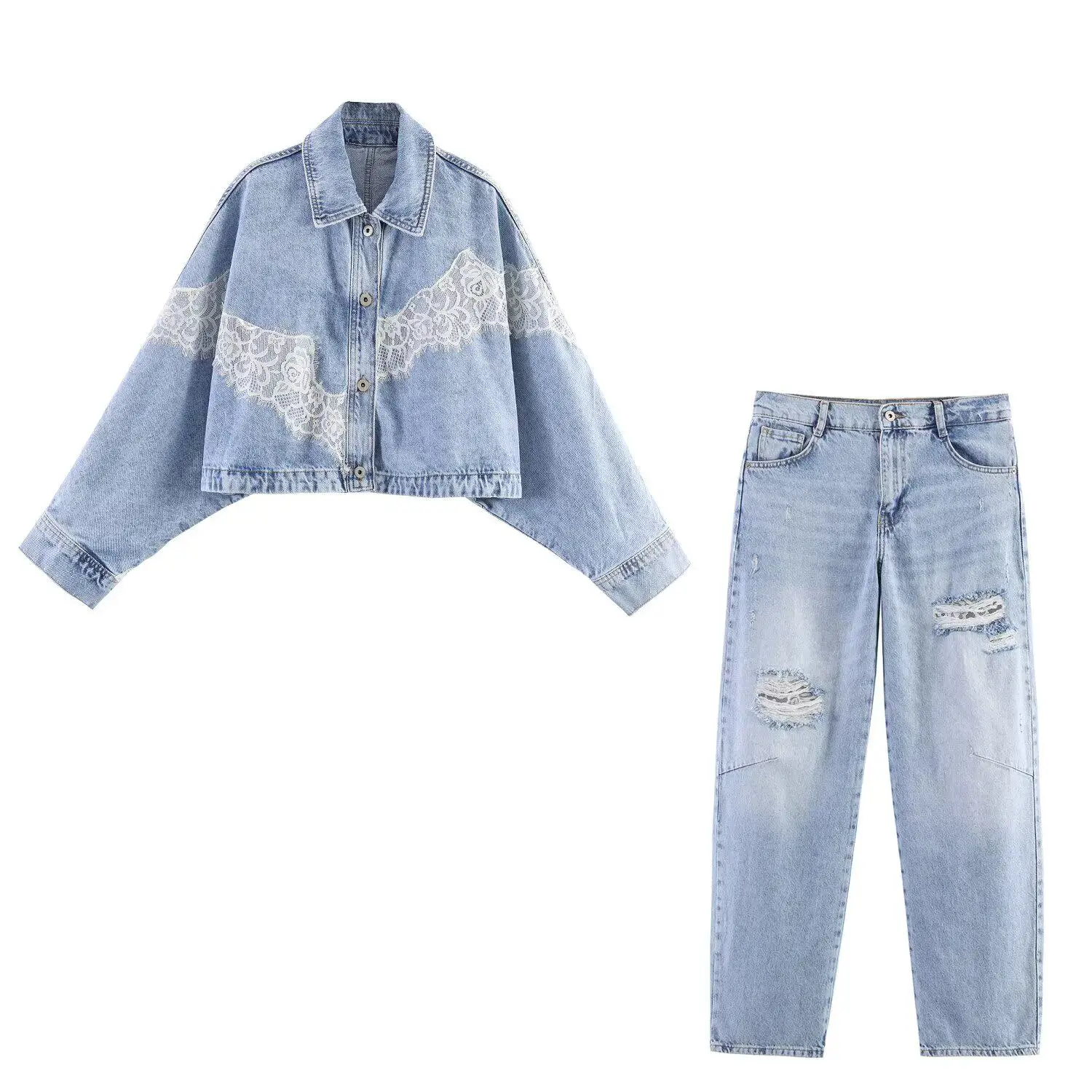 

Women's Denim Two-Piece Set 2026 Spring Lace Patchwork Single Breasted Cropped Jacket Ripped Jeans with Zipper for Streetwear