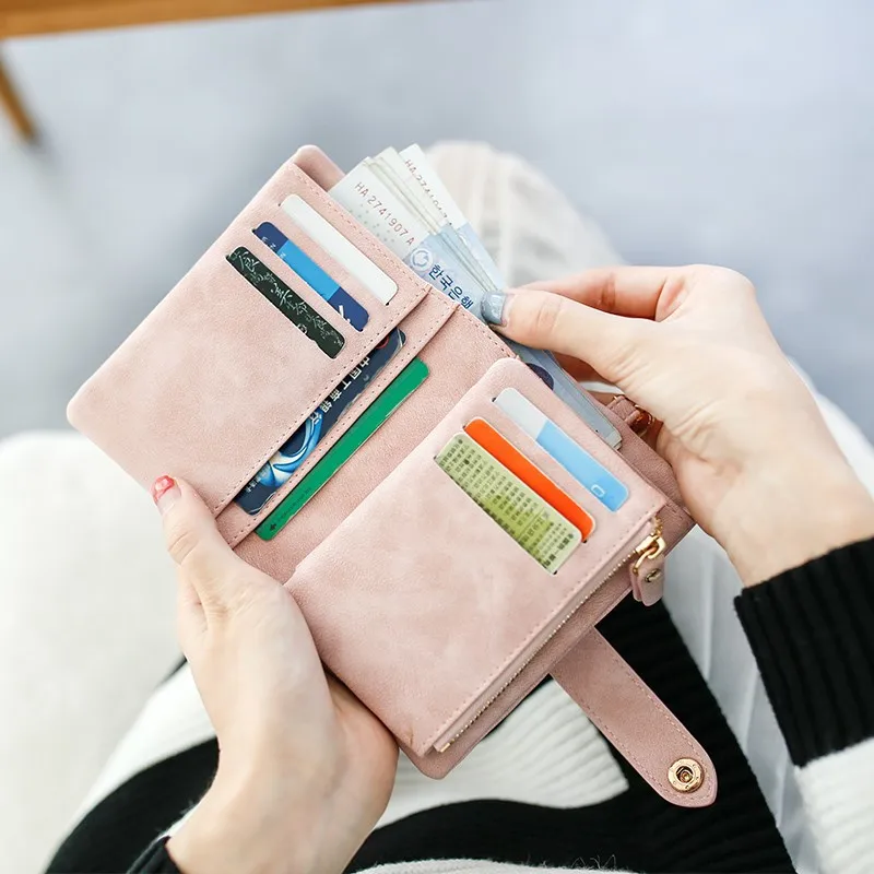 New frosted purse female short Korean version of the student small fresh and cute three fold multi-card women's wrist purse hand