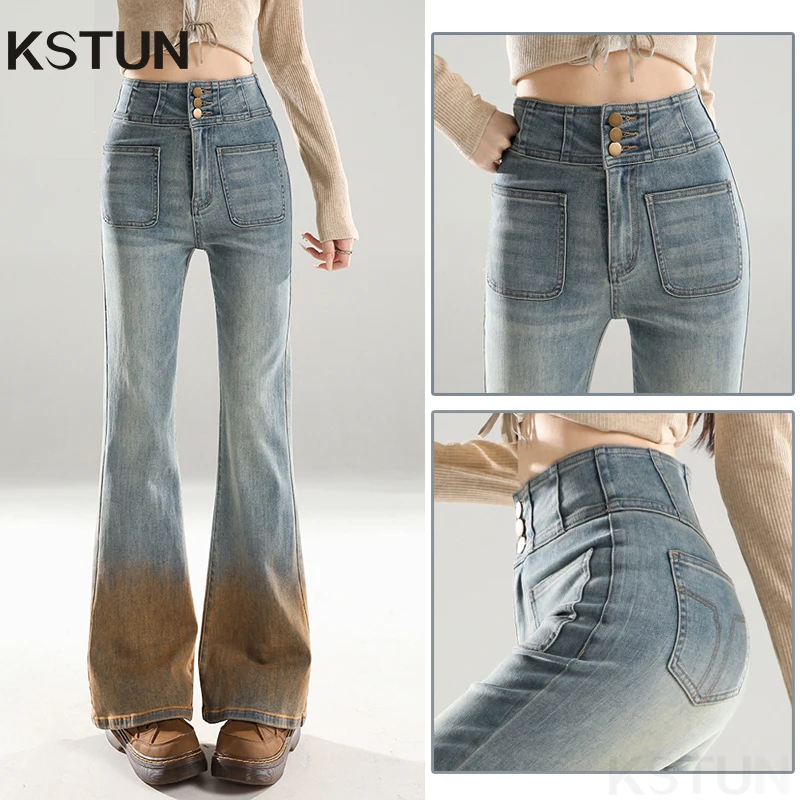 

KSTUN Women High Waisted Jeans Slim Stretchy Micro Flared Pants Fashion Buttons Gradient Denim Pants Vintage Womens Trousers