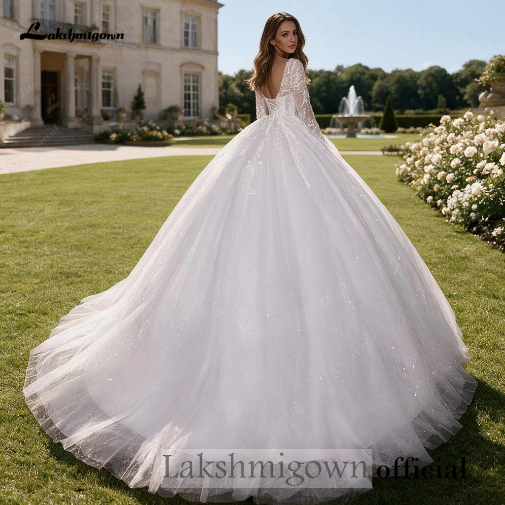 Lakshmigown Long Sleeve Bridal Gown Full Glitter Tulle A‑Line Wedding Dress Lace Bodice Corset Back Court Train Customized