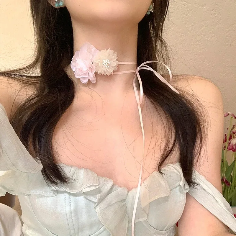 Romantic Mesh Flower Choker Lace Up Necklace for Women Soft Fabric Floral Neck Tie Satin Ribbon Elegant Boho Beach Neck Jewelry