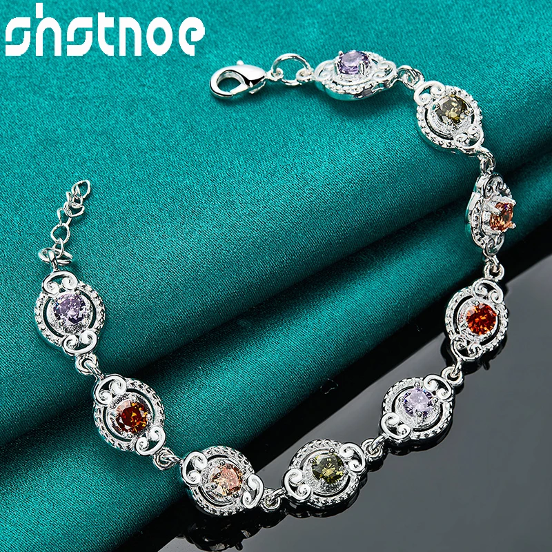 SHSTONE 925 Sterling Silver Multicolor AAA Zircon Chain Charm Bracelet For Women Party Valentine\'s Day Gift Lady Fashion Jewelry