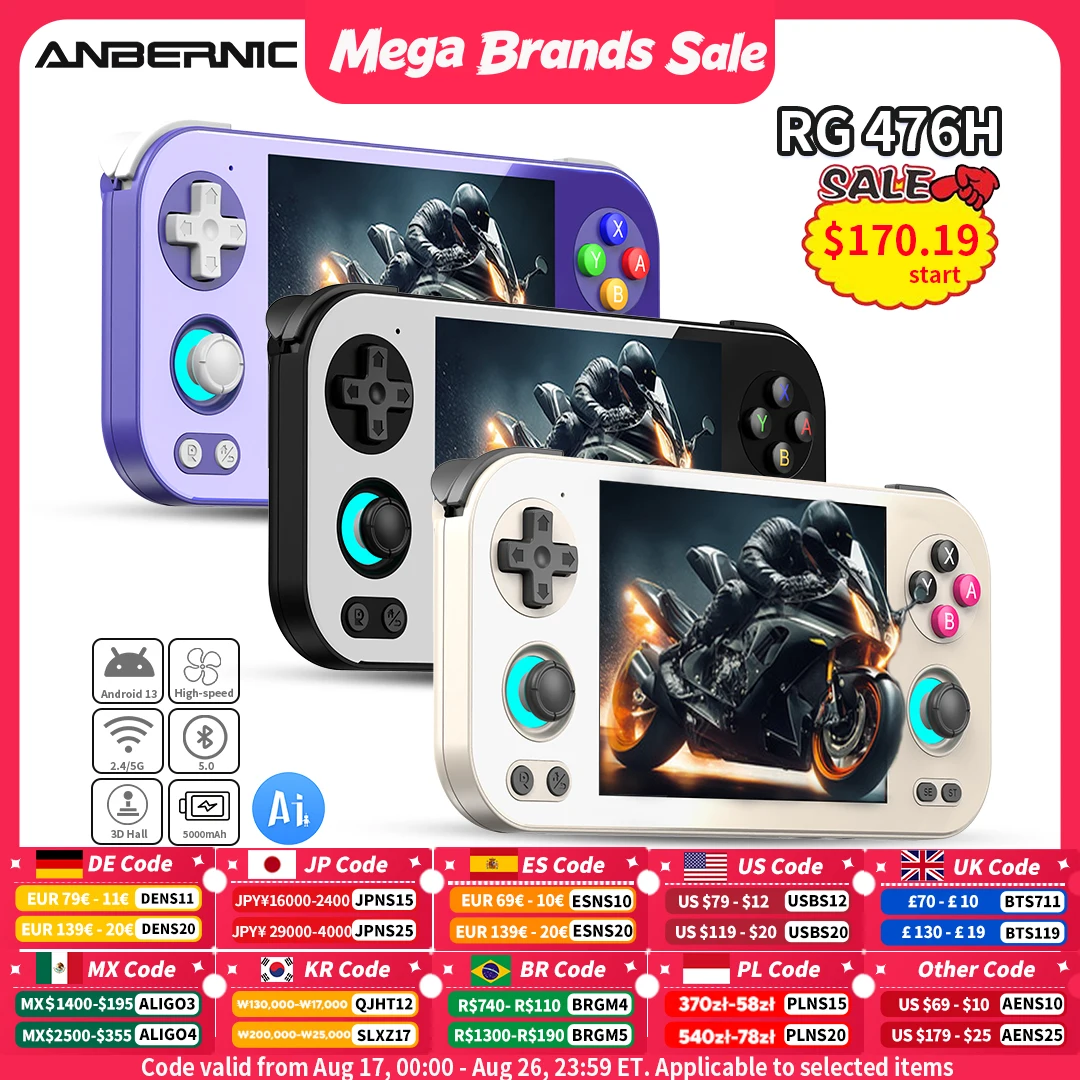Console de Jogos Portátil ANBERNIC RG 476H Android com Tela HD Multitoque de 4.7 Polegadas, Gatilhos Hall, Wi-Fi e Jogos Retrô RG476H