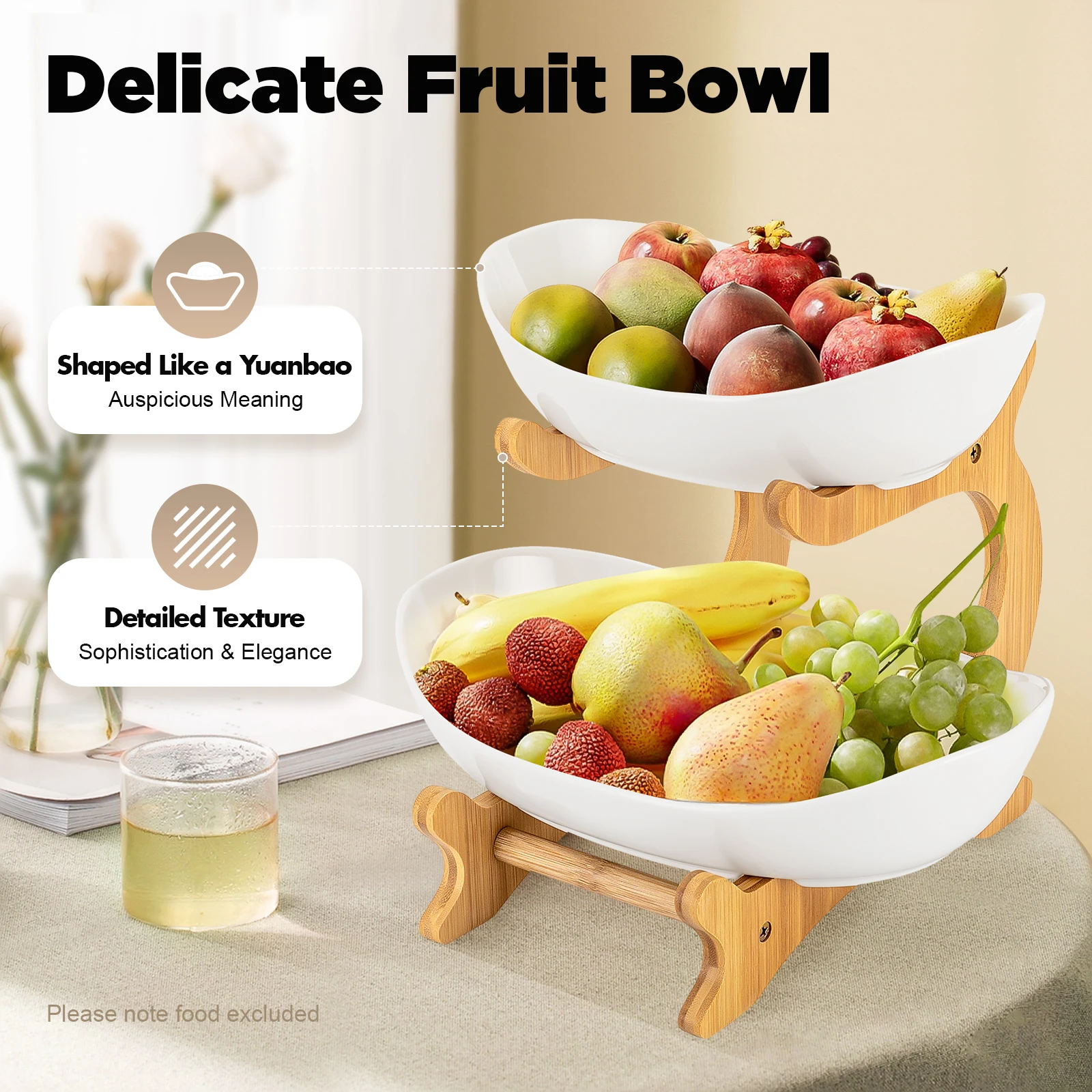 

2 Tier Fruit Basket Ceramic Bamboo, Large Capacity Snack Bowl for Kitchen Dining Table, Party Fruit Stand for Display, White