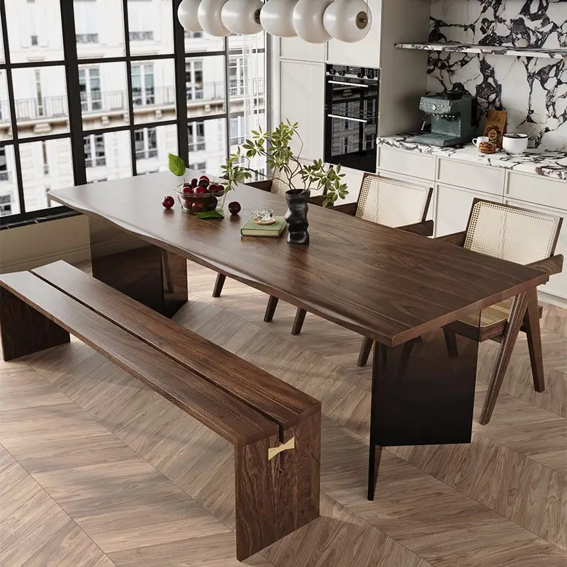 Suspended dining table, quiet wind, natural edge, rectangular black walnut solid wood desk