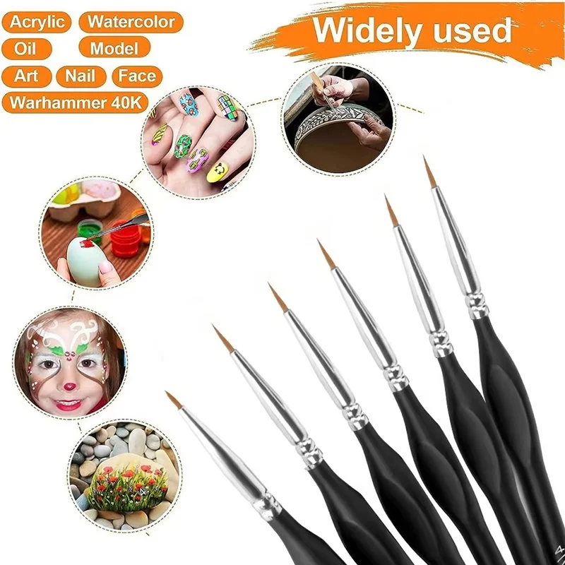 6pcs Premium Miniature Detail Fine Tip Paint Brush Set With Triangular Grip Handles For Watercolor Oil Craft Models Line Drawing