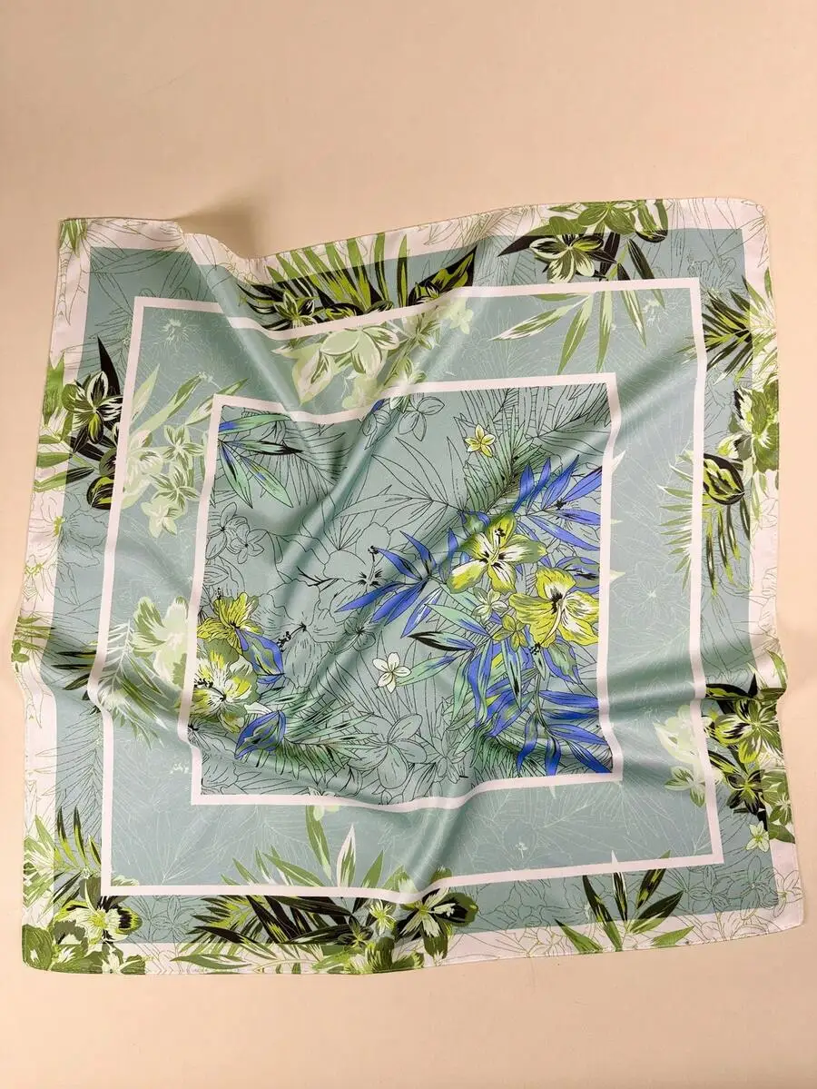 

1pc Women's Tropical Leaf Print Square Silk Scarf, Elegant Neckerchief Headscarf Hair Accessory,Beach,Holiday