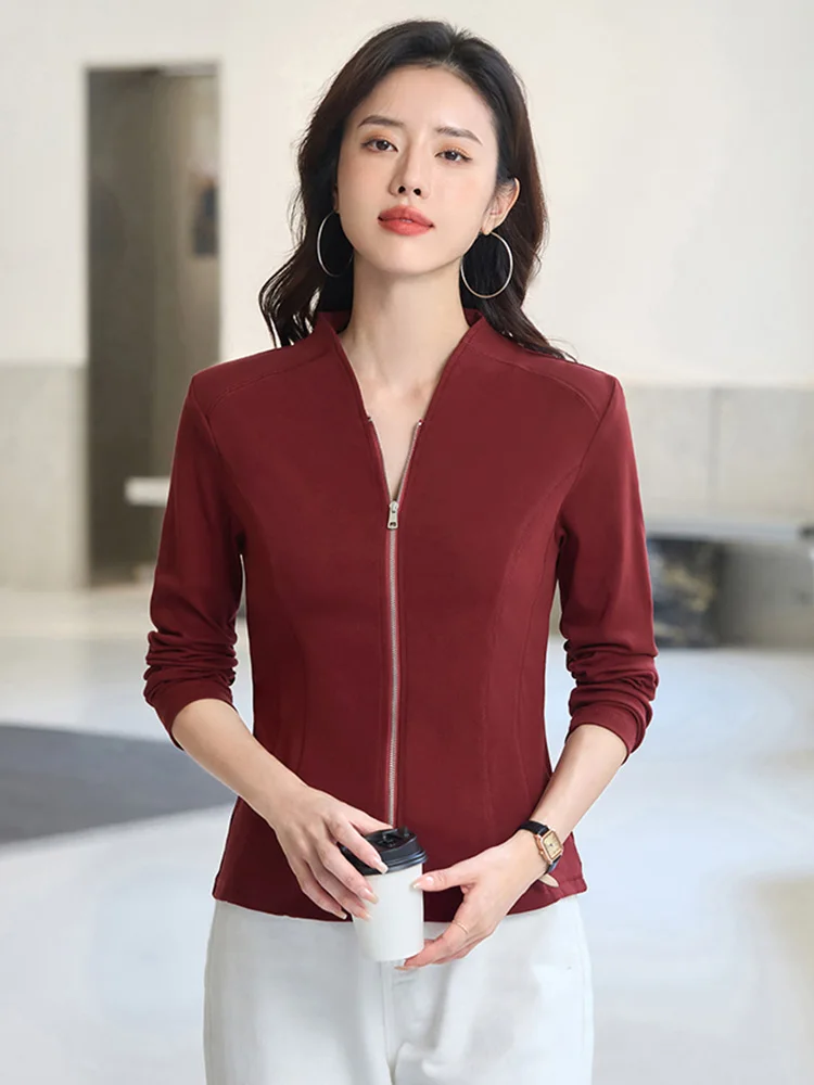 Nieuw Dames Kleine V-hals Staande kraag T-shirt Lente Herfst Mode Effen kleur Lange mouwen Basic T-shirts Casual Slim Cardigan met rits