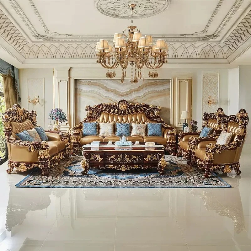 

French court sofa European leather villa large apartment large flat living room leather sofa