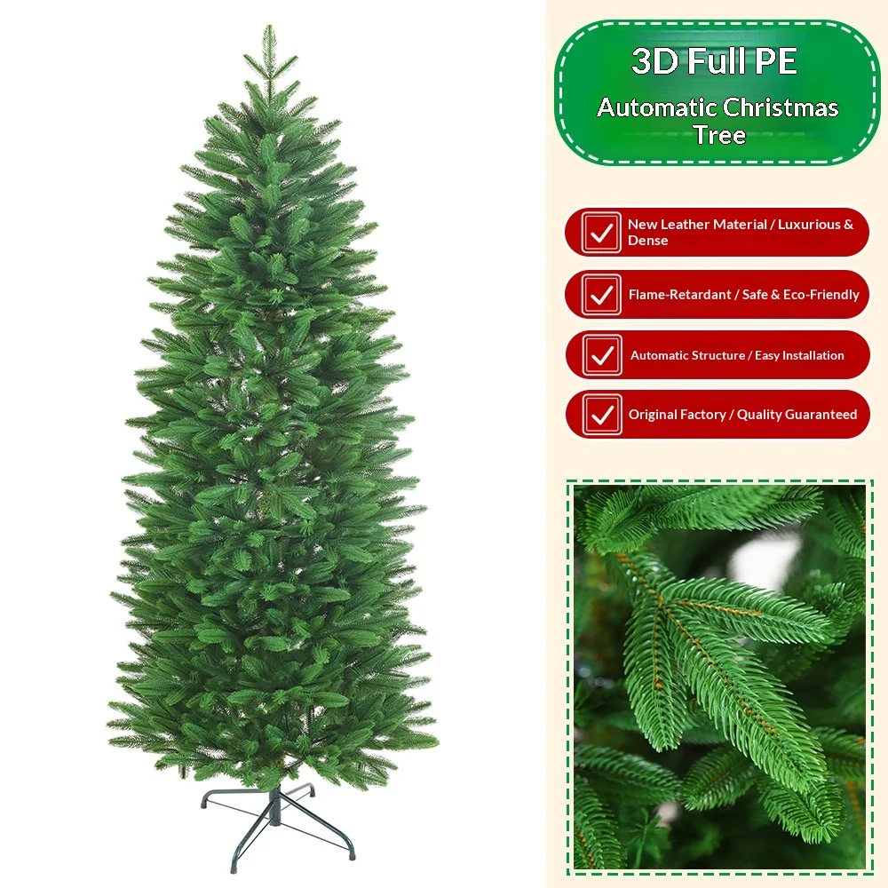 Full-PE Slim Pencil Artificial Christmas Tree, 180-210CM, Automatic Setup, No Base, Realistic Green