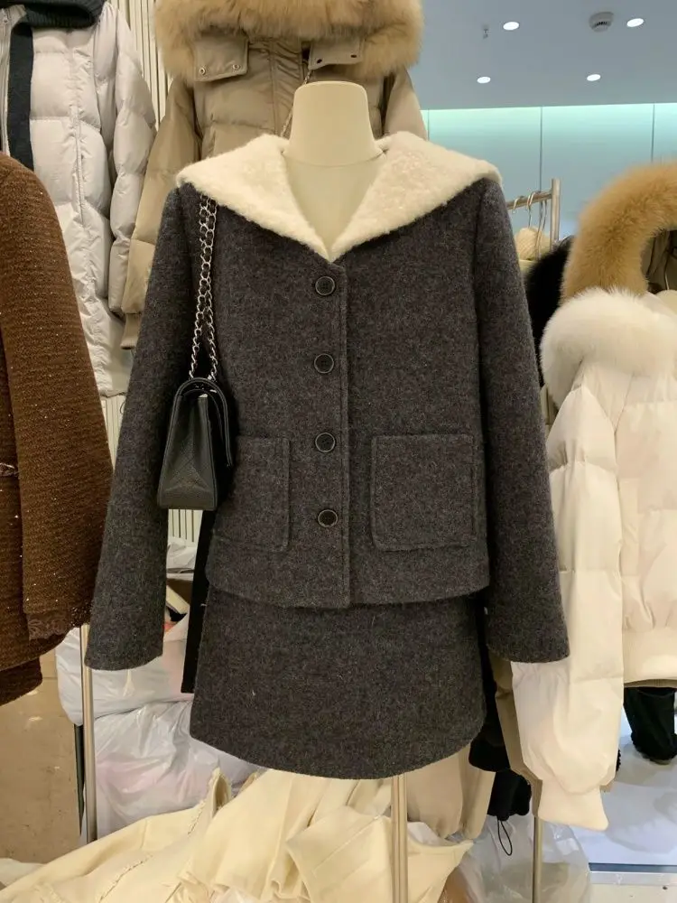 النمط البريطاني البحرية طوق أسفل سترة الشتاء الجديدة كلمة تنورة قصيرة الصوفية دعوى النساء #2