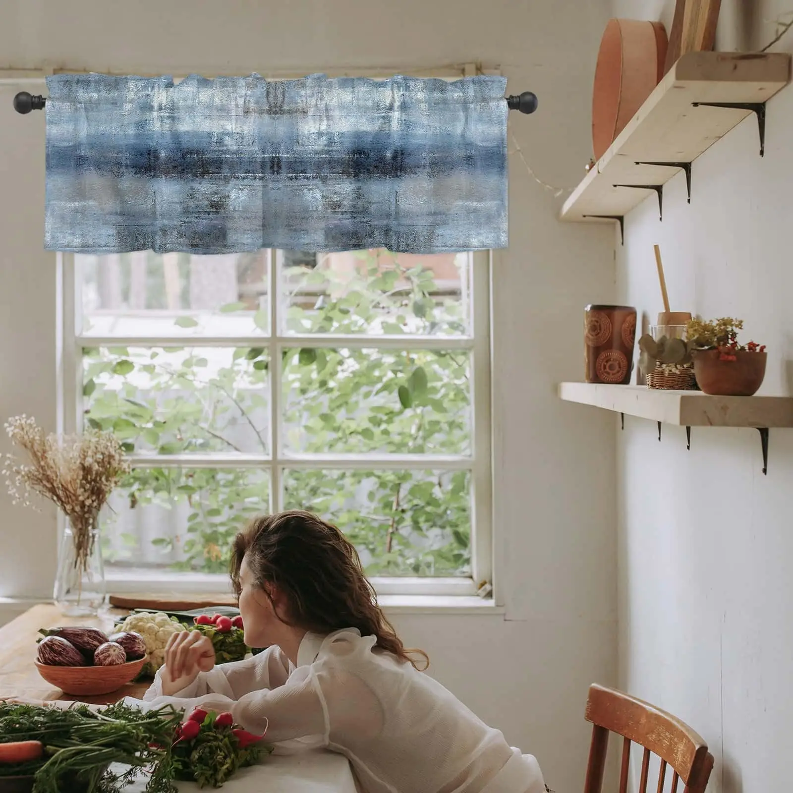 2 Pack Navy Blue Window Valances, Abstract Art Valances for Windows Treatment, Farmhouse Rod Pocket Curtain for Bathroom