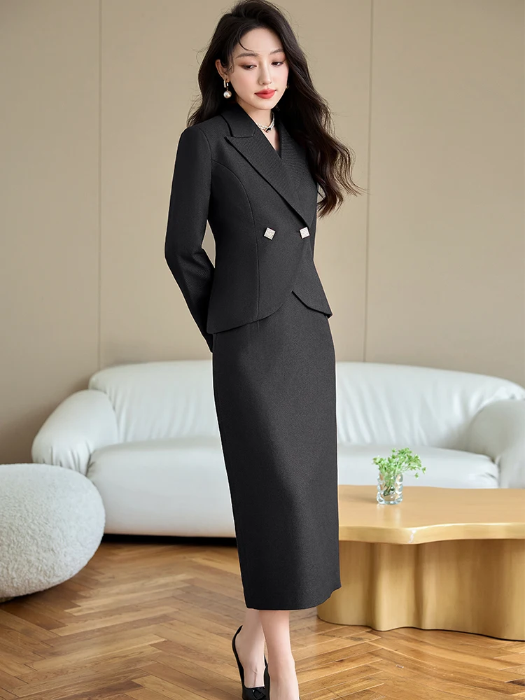 Elegant Red Black Women Formal Blazer Skirt Suit Office Ladies Female Business Work Wear Two Piece Set For Autumn Winter