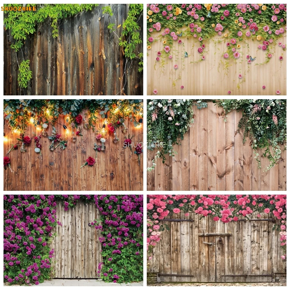 

Rustic Wooden Board Flower Wall Photography Backdrop Baby Shower Birthday Party Decor Kids Pets Portrait Background Photo Studio