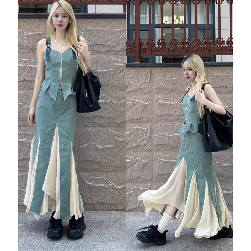 

Sweet Spicy Design Ladies Denim Sling Top Suit Summer New Design Sense High Waist Fishtail Splicing Comfortable Two-Piece Suit