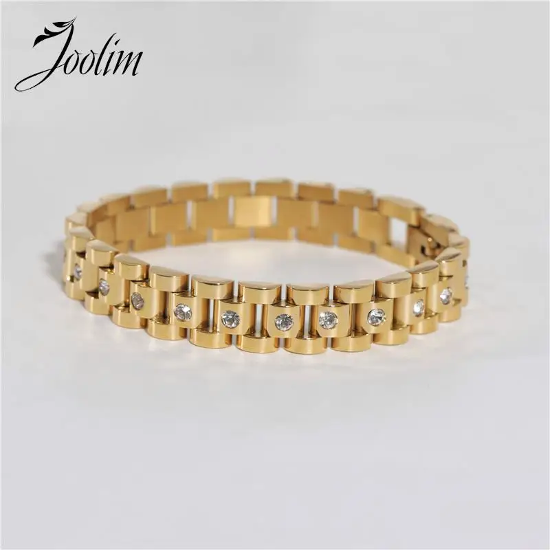 

Joolim Jewelry Wholesale No Fade Luxury Fashion 10MM Shaped Zircon Watch Stripe Bracelet Gift For Couples Stainless Steel