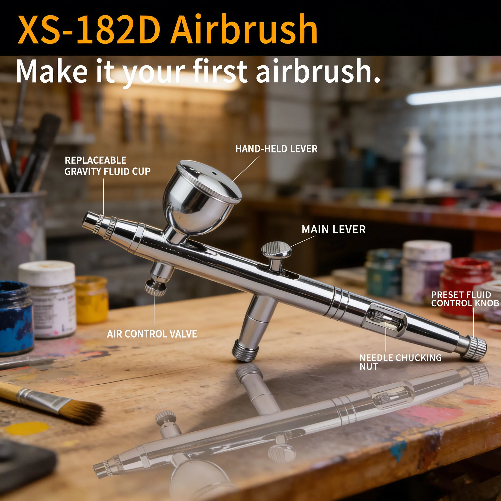 XS-182D Airbrush 2cc/5cc/13cc Detachable Fluid Cups with Cleaning Brush, 0.3, 0.5, 0.2mm Compression Fit Nozzle Neelde Kit