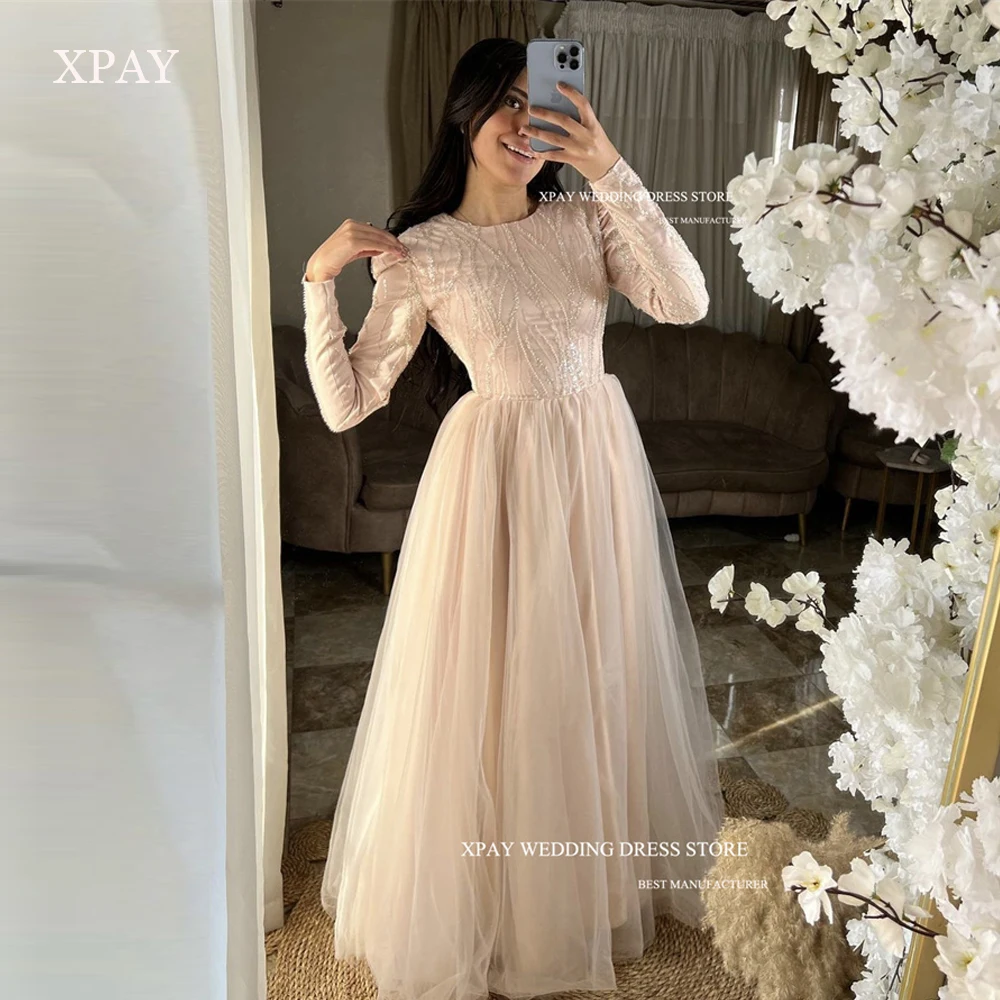 XPAY Modest Glitter Muslim Arabic Customised Long Sleeves Tulle Floor Length Blush Pink Evening Gowns Formal Party Dress