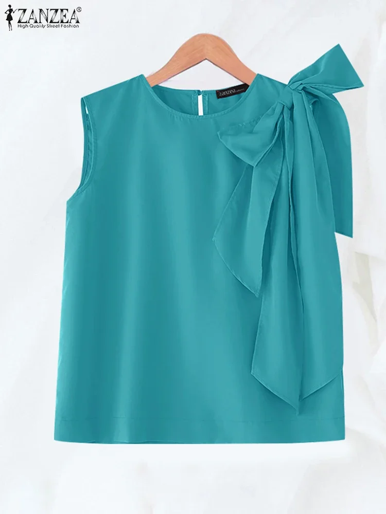 ZANZEA Elegante Fiocco Canotte 2025 Estate Camis Casual Canotte di Colore Solido Senza Maniche T-Shirt Femminili Fasciatura Allentata Office Lady Camicie