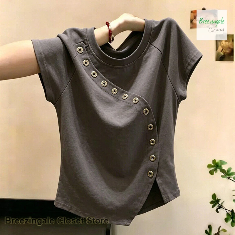 Summer new short-sleeved T-shirt female Korean fashion shoulder slim short Joker minority design sense spice girl casual top.