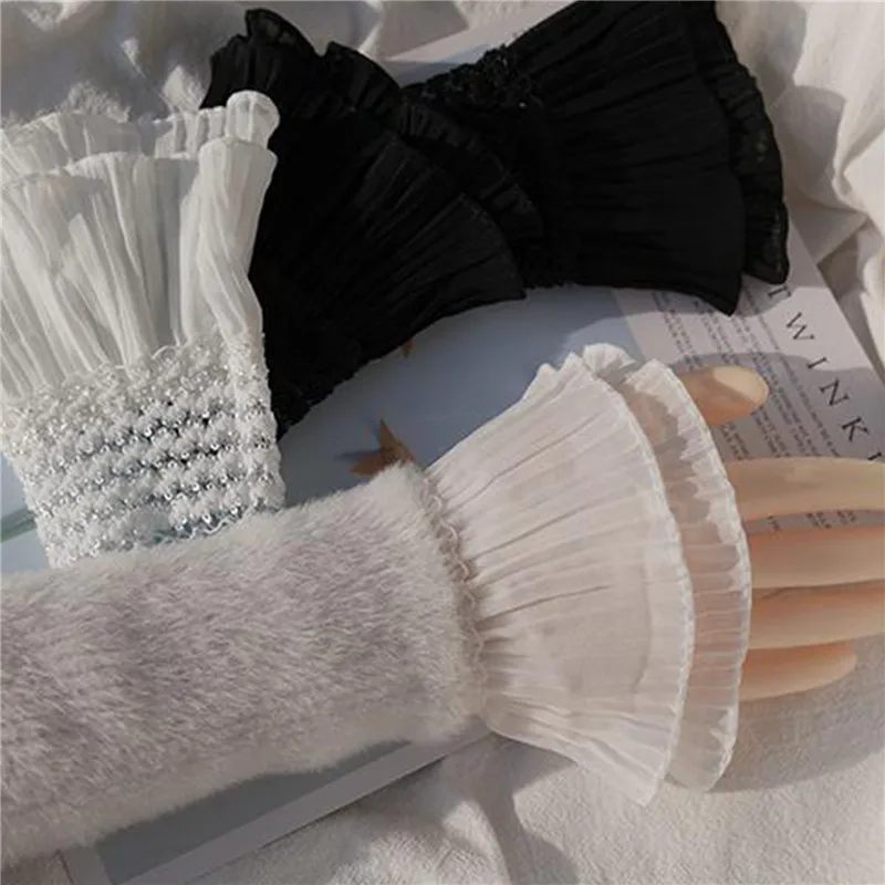 1Pair Detachable Cuffs Pearl Lace Mesh Fake Flared Sleeves Double Layer Pleated Ruched False Cuffs Sweater Blouse Wrist Warmers