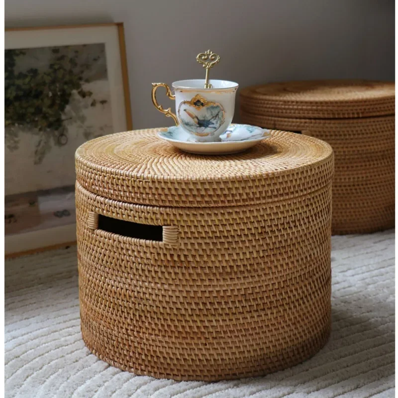 Nordic Vintage Sundries Case, Handmade Rattan Woven Storage Baskets, Dust with Cover, Organizer Box, Versatile Scene Toy Storage