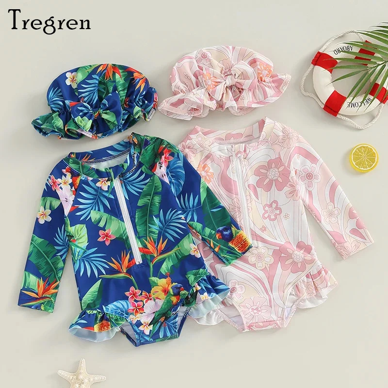 Tregren Toddler Baby Girl Romper Swimsuit with Cap Flower Print Long Sleeve Zipper Ruffle Swimwear Summer Bathing Suit Beachwear