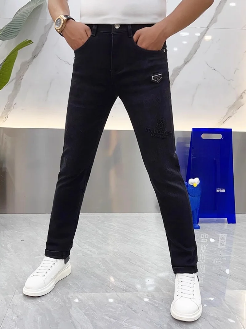 

Faionable Printed Slim Fit Casual Bla Denim Jeans for Men Breathable High Elastici Long Pants Autumn Wear Youth Sle
