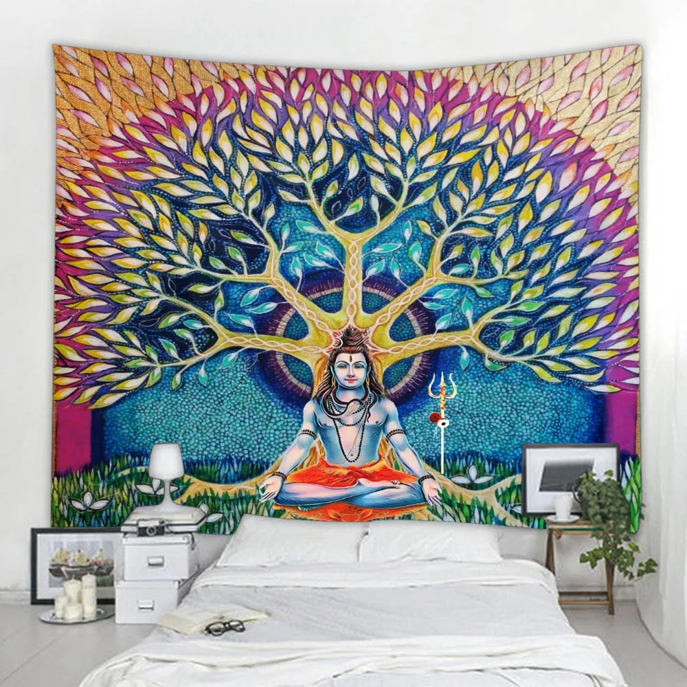 Boeddha Leven Boom Tapestry Indische Olifant Boeddha Art Wall Opknoping Psychedelische Tarot Hekserij Hippie Bohemian Woondecoratie