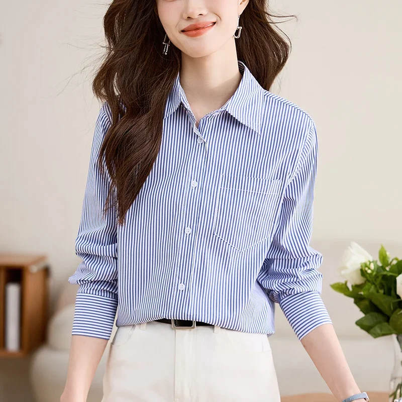 Fashion Long Sleeve Turn Down Collar Women Shirt Striped Shirt Blouse Women Tops Blouses Shirts Blusas Para Mujer Camisas N219