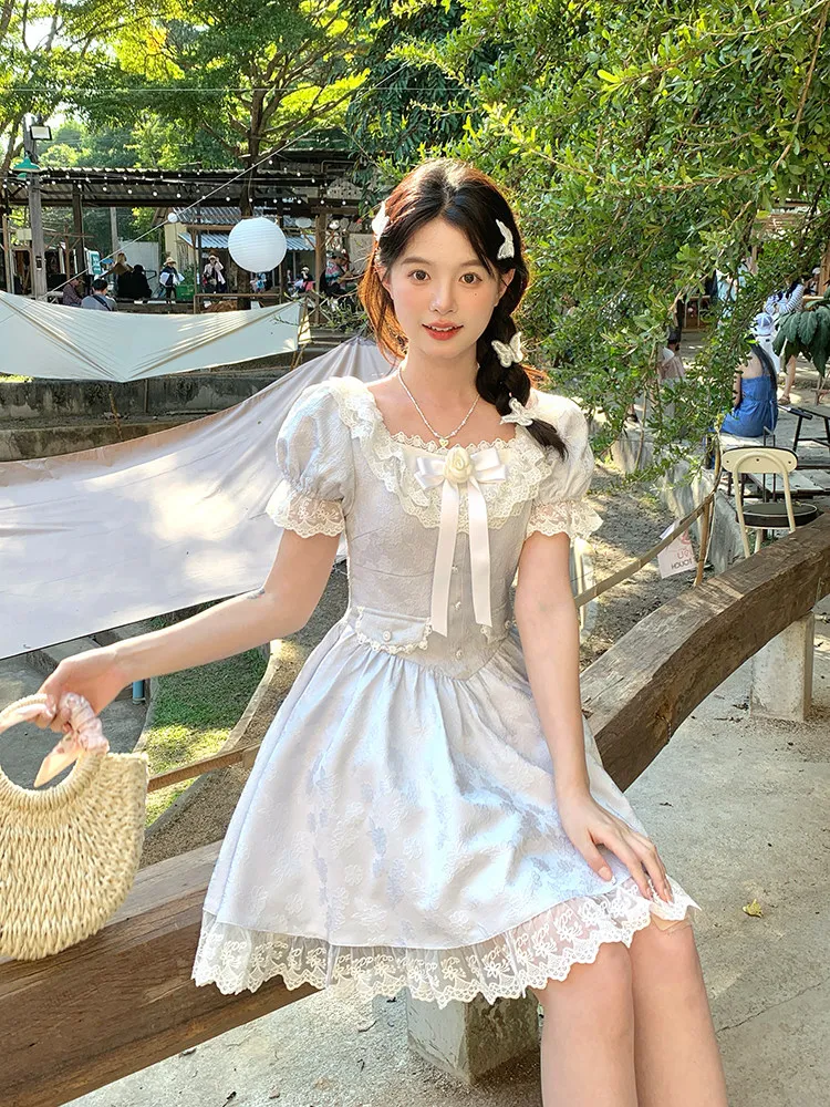 

Sweet Coquette Mini Dress For Women - Lace Trim Puff Sleeve Bow Front Dress Lolita Girl Jk Preppy Style Summer Outfit