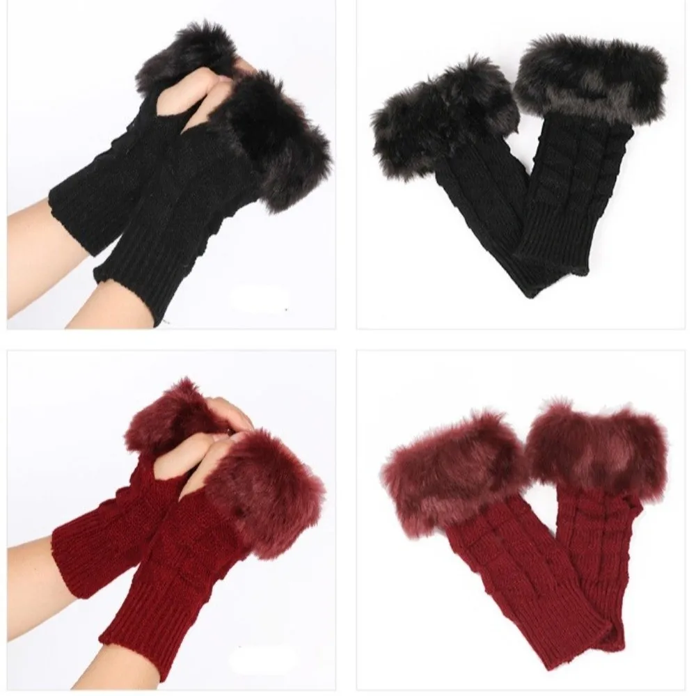 New Faux Fur Half Finger Gloves Warm Elastic Cuff Knitted Fingerless Gloves Thickened Furry Lining Touchscreen Gloves Outdoor