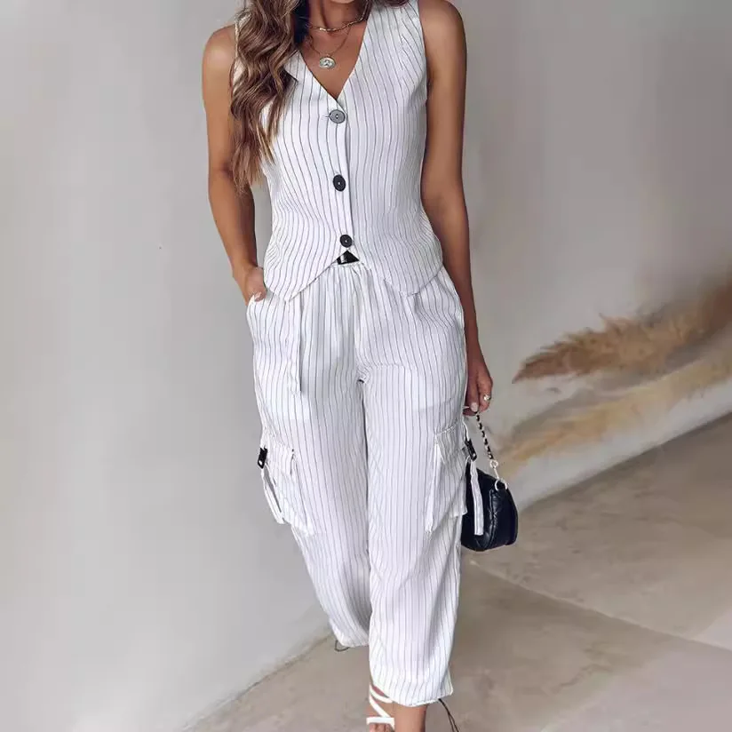 

Women Autumn Winter Vest Set Trouser Set Solid Color V Ceck Button Sleeveless Pocket Casual Fashion Pants Set Striped Color