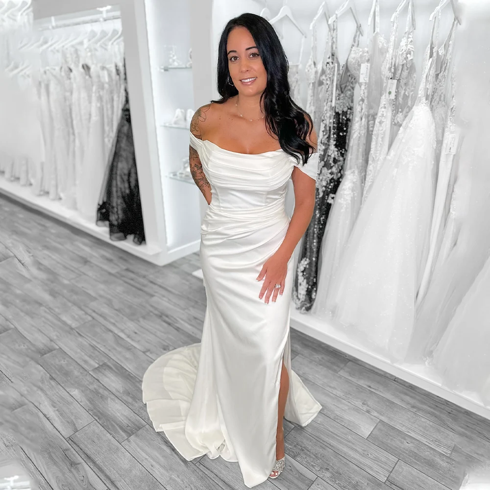 

Popular Pleat Soft Satin Mermaid Wedding Dresses