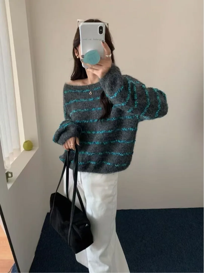 

Loose Fit round Ne Knitted Sweater Women's Inner Wear T-irt Korean Sle Autumn Winter New Stripe Pattern Soft Comfortable