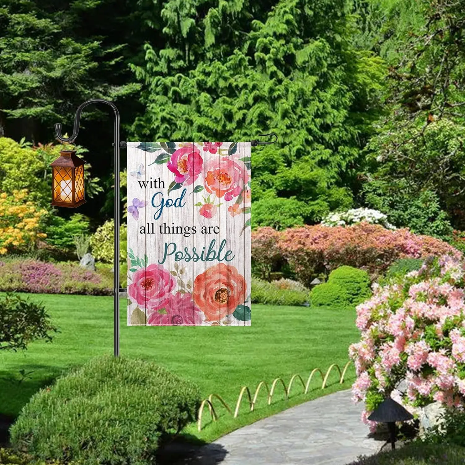 With God All Things Are Possible Garden Flag Blooming Floral Wood Wall Garden Flag 12x18 inch Double Sided Small Burlap Yard Fla