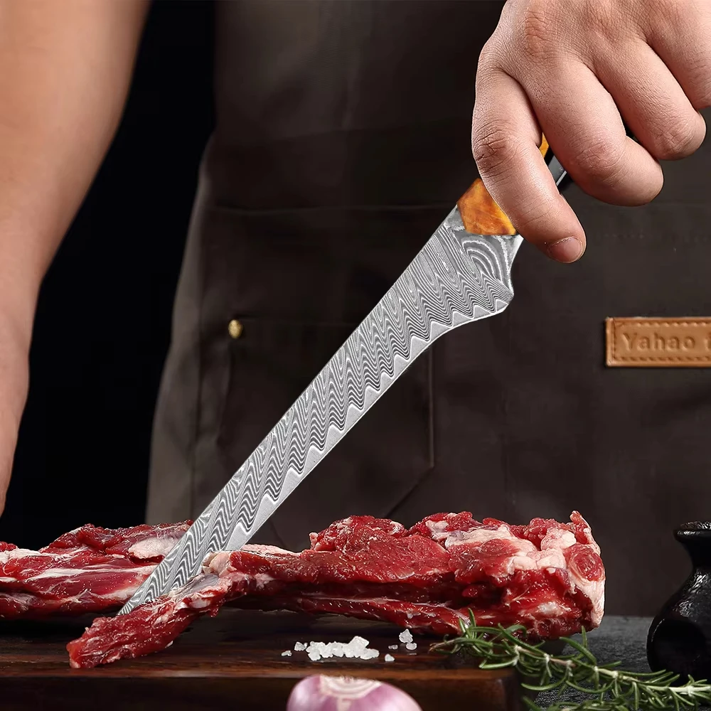 High-Carbon Damascus Steel Boning Knife Full Tang Utility Knife Professional Kitchen Knife for Beef Lamb Fish and Meat Cutting