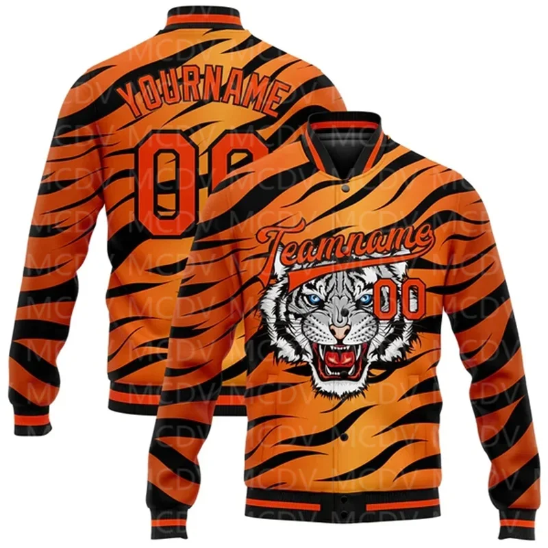 Custom Orange Black Leopard 3D Pattern Design Bomber Full-Snap Varsity Letterman Jacket