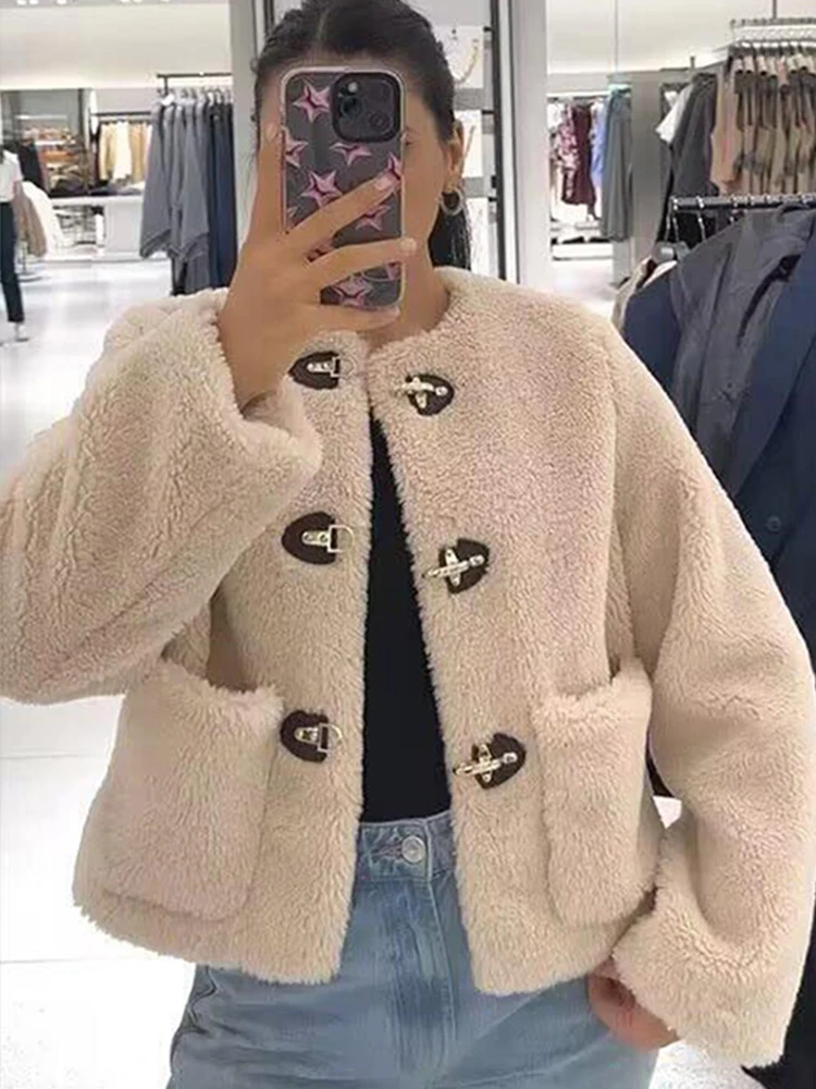 2024 outono inverno nova moda fivela decoração casaco de lã feminino manga longa recortada outerwear chique quente casacos grossos