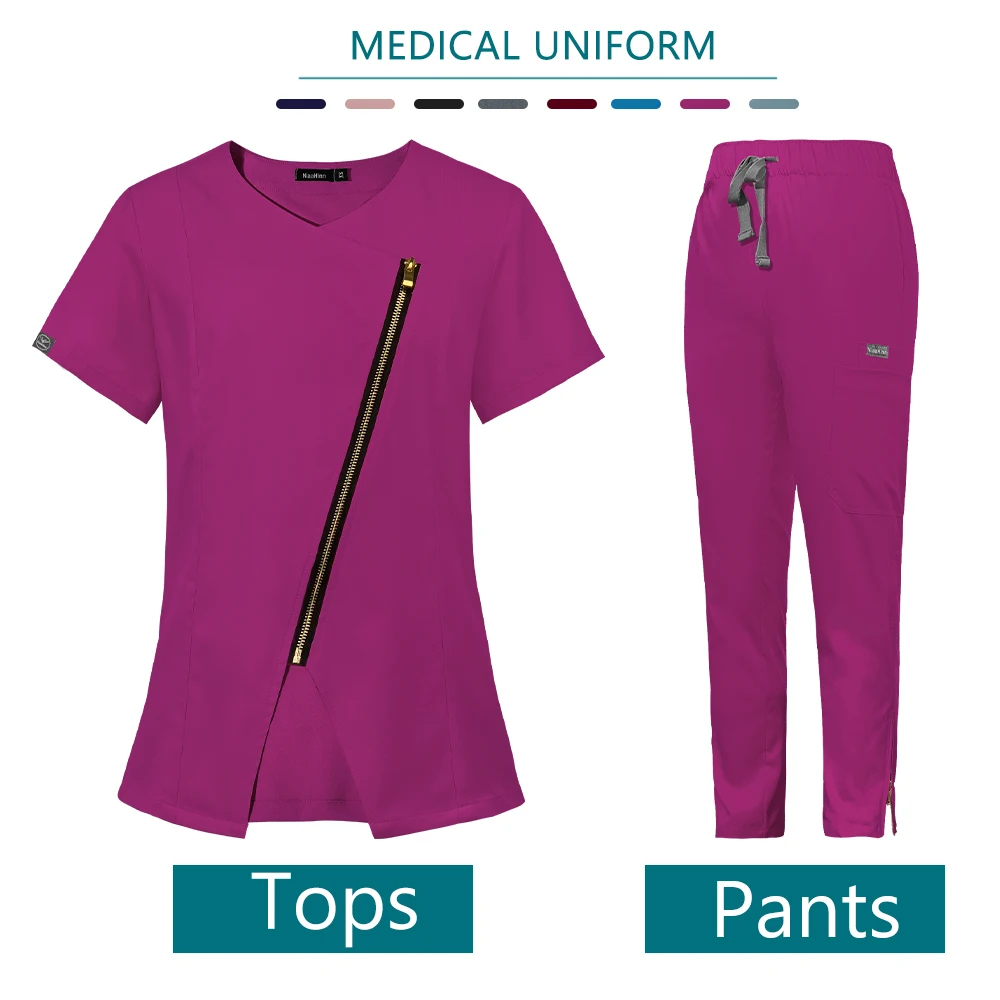 Enfermeira médica feminina Workwear, Uniforme de Esfoliante, Tops e Calças de Operação, Groomers, Pet Veterinário, Zíper, Moda