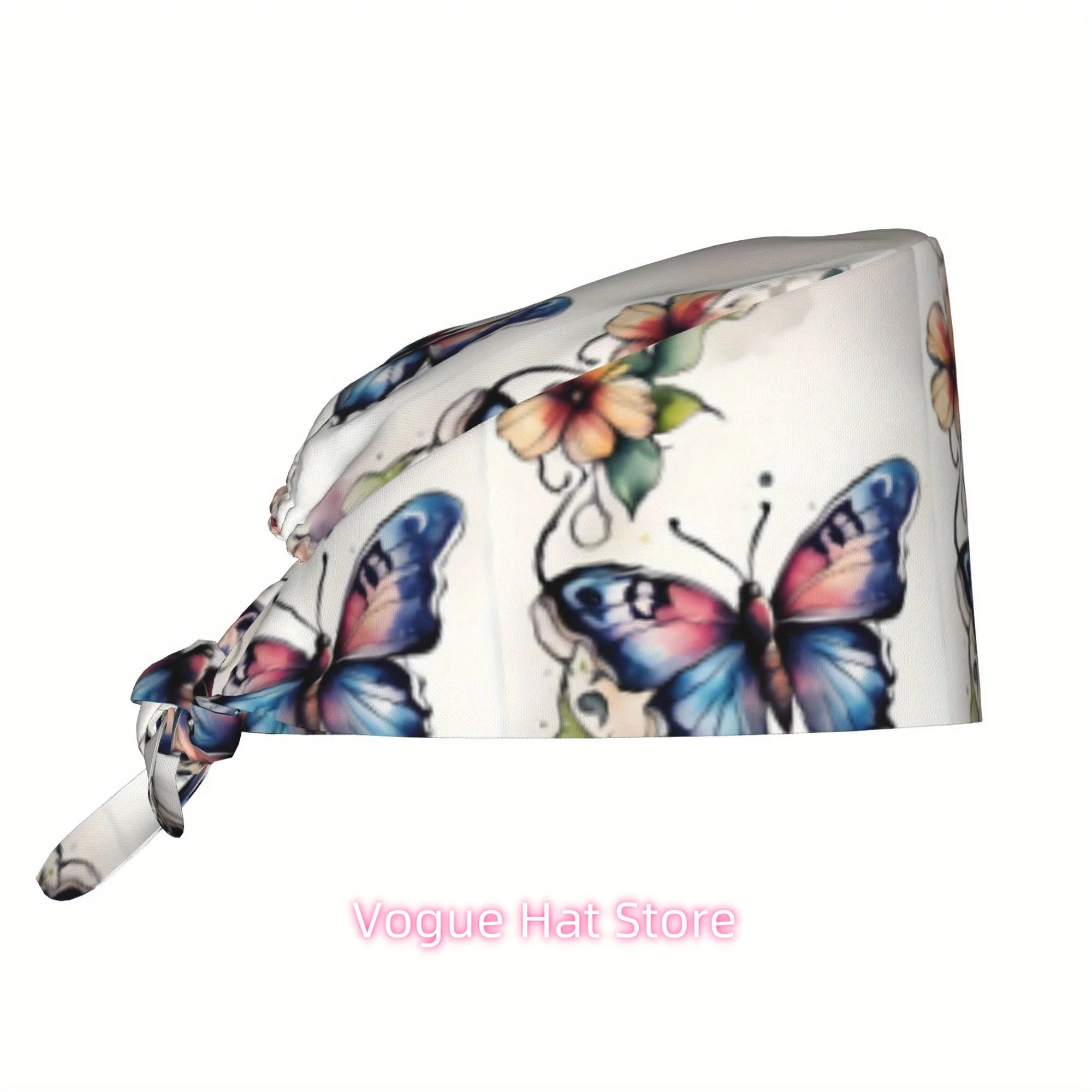 1pc Butterfly Unisex Trendy Printed Work Cap - Lightweight Adjustable Skull Cap with Tie-Back for Nurses, Dustproof Chef And Coo